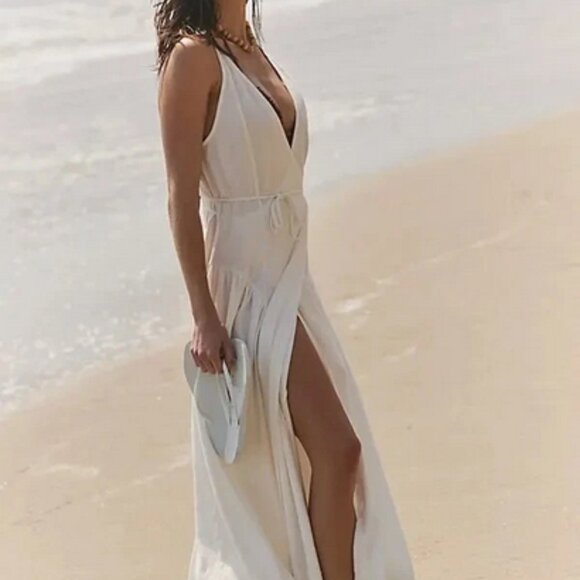 Free People Maisie Midi Dress Sleeveless Wrap V Neck Straps Tie L - Picture 2 of 3